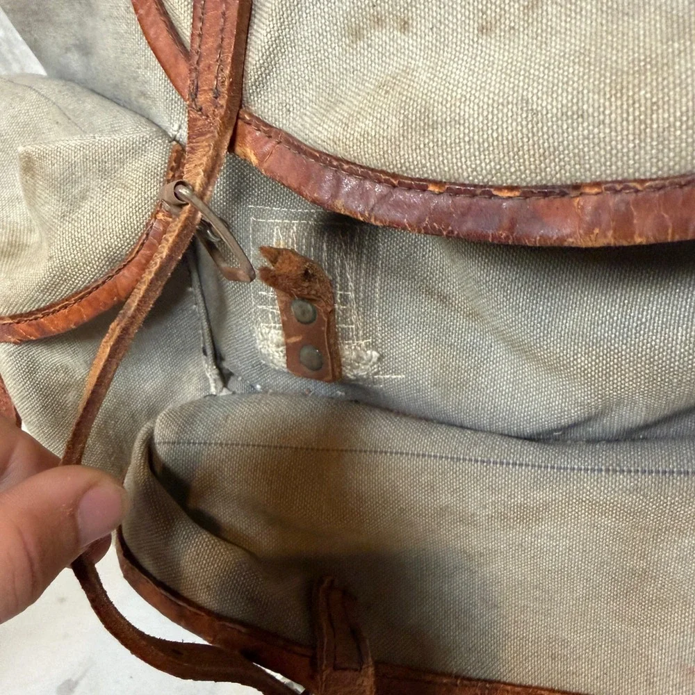 Vintage 50s Military Canvas Rucksack Leather Trim Backpack Olive Drab Norway